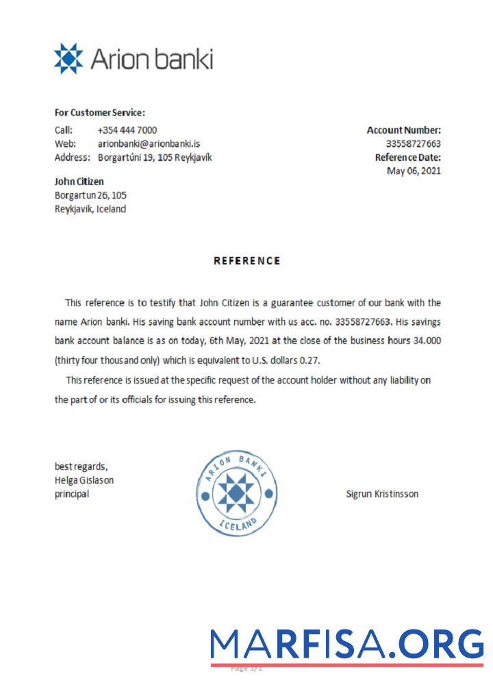 Downloadable Iceland Arion Bank reference download for verification